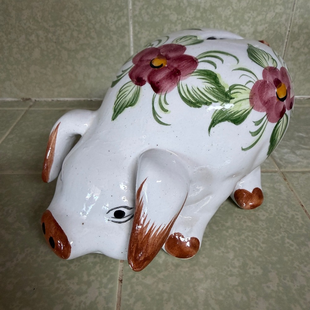 Vintage Hand Painted Ceramic Piggy Bank Floral White Pink Brown 1989 Retro Decor